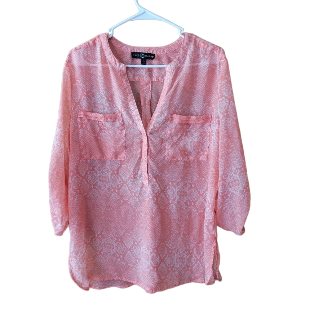 Feed‎ David large peach pink white thin flowy blouse dressy long sleeve top